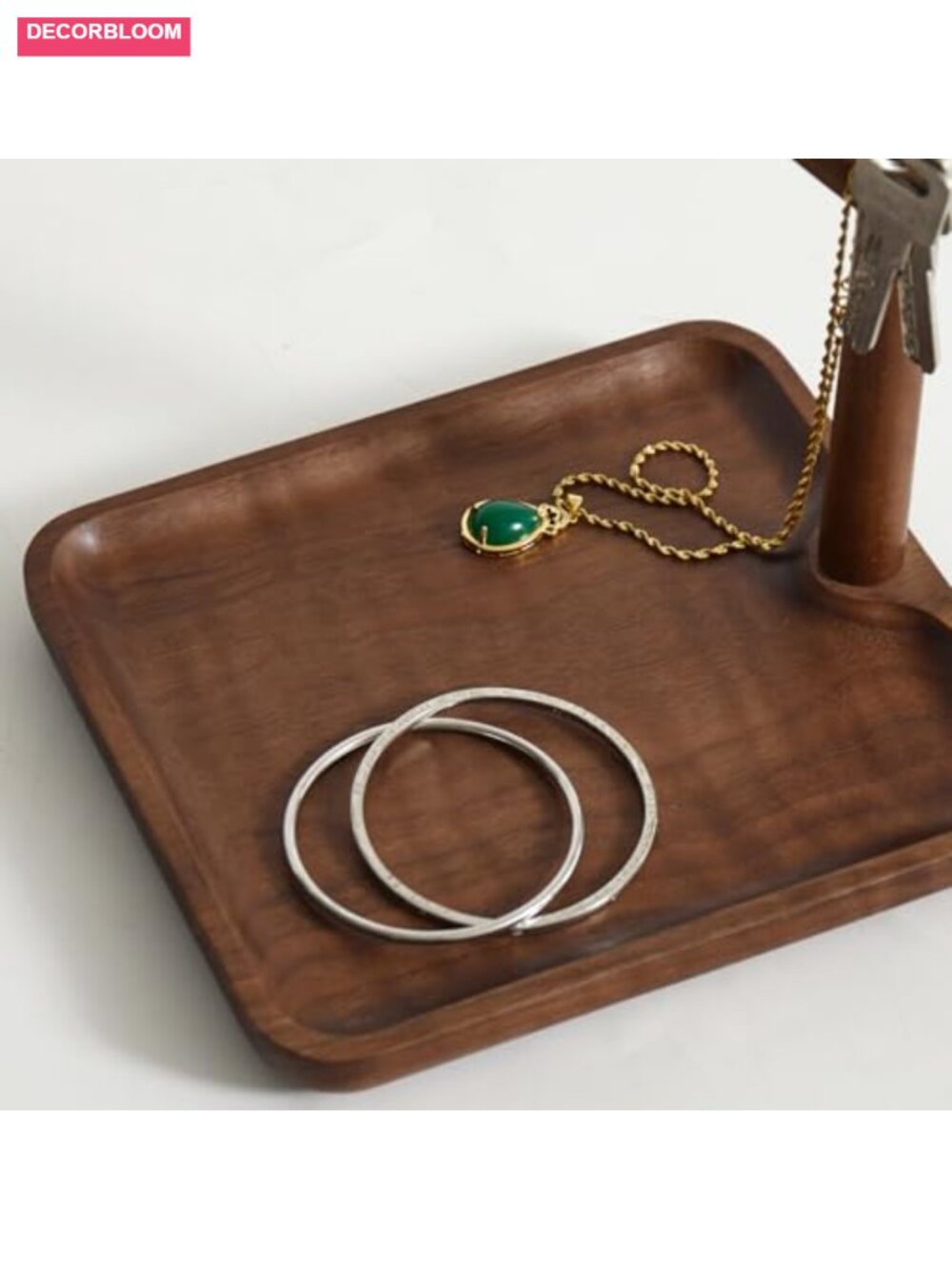 Solid Wood Key Dish Bowl Walnut Entryway Tray with Hooks Jewelry Organizer - Picture 5 of 6